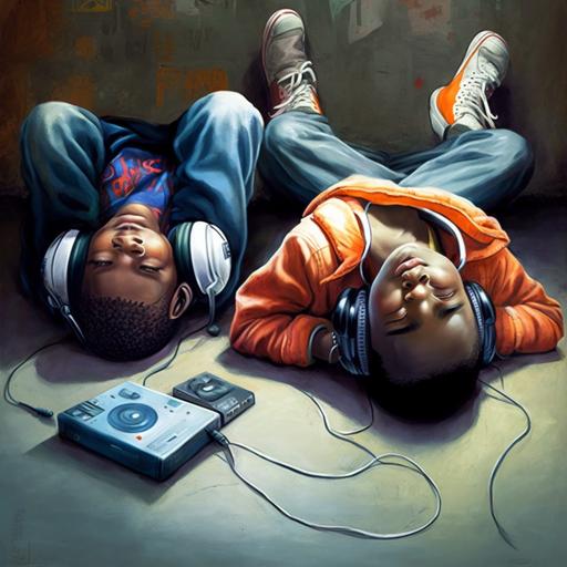 a 20 year old guy lying on the floor listening to rap and a 10 year old boy listening to rap both with headphones on