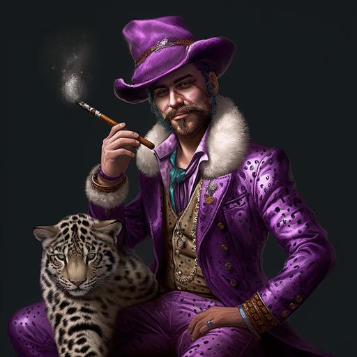 a 20 year old stud gnome with charcoal colored skin named Chad, who has a dashing white horseshoe mustache, a chiseled jaw line, dressed like a pimp in a purple and leopard print suit with a purple and leopard print hat with a feather, and a stone cane with a crystal on the end, full body