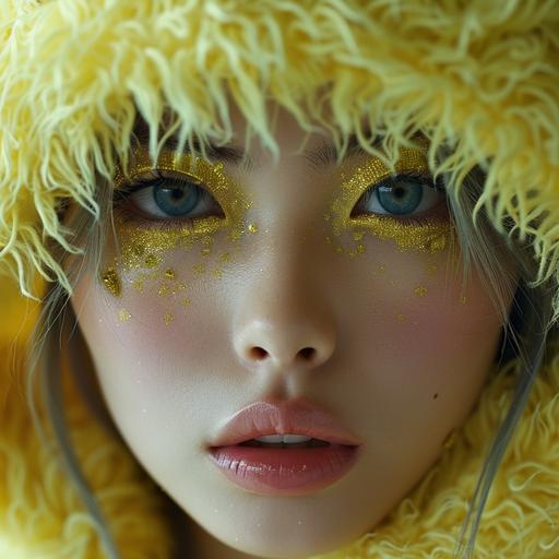 a 20 yrs old asian girl,white skin,pale blue eyes,glossy lips,black eyeliner,long bob hairstyle with a short fringe,ombre died colors in lemon yellow and mint,wearing a fuzzy wool coat in neon yellow,slightly below angle,cinematic,ultra realistic,fashion photoshoot,Steven Meisel,Ines and Vinoodh styles, — ar 9:16 --s 750 --v 6.0