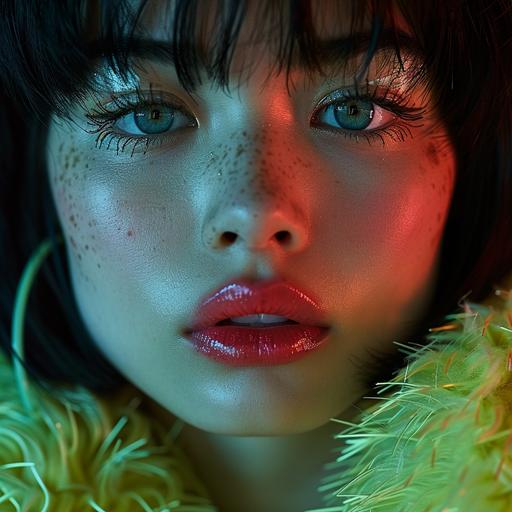 a 20 yrs old asian girl,white skin,pale blue eyes,glossy lips,black eyeliner,long bob hairstyle with a short fringe,ombre died colors in lemon yellow and mint,wearing a fuzzy wool coat in neon yellow,slightly below angle,cinematic,ultra realistic,fashion photoshoot,Steven Meisel,Ines and Vinoodh styles, — ar 9:16 --s 750 --v 6.0