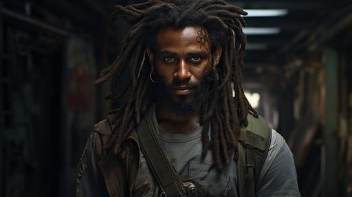 a 200-year-old black man, smiling, sparkling blue eyes, with a short scraggly beard and long wild dreadlocks, a weathered face with heavy wrinkles, diesel-punk, dystopian, post-apocalyptic, hyper-photorealistic, --ar 16:9