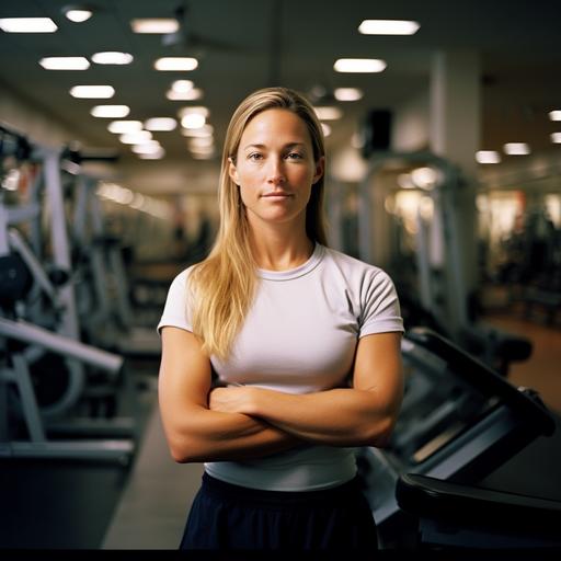 a 2023 2000 square foot, high end gym, with primarily nautilus and medx weight training equipment; there is a middle aged women, this woman is a high powered lawyer who looks great but wants to shed a few pounds, she is working with a 30 year old exercise physiologist who is wearing a button down and shirt and a tie, in the style of an advertisement for the 4 seasons hotel