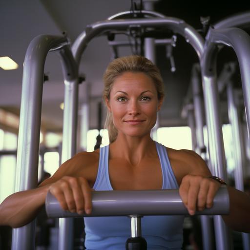 a 2023 2000 square foot, high end gym, with primarily nautilus and medx weight training equipment; there is a middle aged women, this woman is a high powered lawyer who looks great but wants to shed a few pounds, she is working with a 30 year old exercise physiologist who is wearing a button down and shirt and a tie, in the style of an advertisement for the 4 seasons hotel