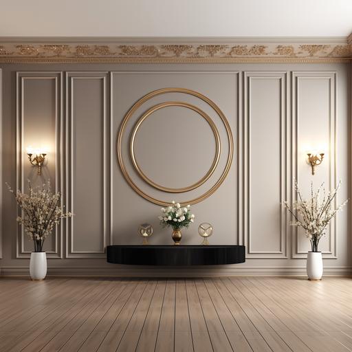 a 25 feet wall with height of 9 feet with wainscoting pattern in a light taupe colour , the center part to have high gloss gold metal oval frames with mirror and a console below it