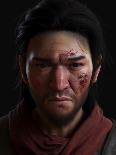 a 25 year old Asian man with long black hair and ponytail and beard and eyelash, with blood and mud on face, high detailed brow wrincle, high detailed nose wrincle, high detailed skin texture, red shirt, black scarf, headshot, head slightly to the right, detailed renderings, realistic, professional photography, dim light, light from his lower right, furious facial expression, 4k quality, super realistic, hyper detailed, ultra HD, realistic lighting, atmospheric light, cinematic --ar 3:4 --v 5