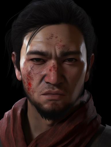 a 25 year old Asian man with long black hair and ponytail and beard and eyelash, with blood and mud on face, high detailed brow wrincle, high detailed nose wrincle, high detailed skin texture, red shirt, black scarf, headshot, head slightly to the right, detailed renderings, realistic, professional photography, dim light, light from his lower right, furious facial expression, 4k quality, super realistic, hyper detailed, ultra HD, realistic lighting, atmospheric light, cinematic --ar 3:4 --v 5