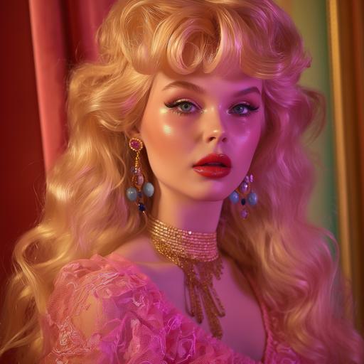 a 25 year old white woman who looks like barbie, really massive wavy blonde hair, lots of make-up, big gold earrings, gold choker, gold bracelets, pink lacy dress, blue and white eye shodow, cartoon-like features, red blusher, thick, shiny, purple lipstick, everything shiny, hyperreal, studio lighting --v 6.0