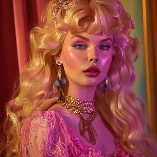 a 25 year old white woman who looks like barbie, really massive wavy blonde hair, lots of make-up, big gold earrings, gold choker, gold bracelets, pink lacy dress, blue and white eye shodow, cartoon-like features, red blusher, thick, shiny, purple lipstick, everything shiny, hyperreal, studio lighting