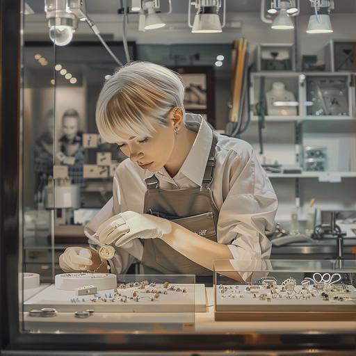 a 25 years old Europe lady, very reality, short hair, she is working in a jewelry workshop, the workshop is clean and bright, the wall show the name 