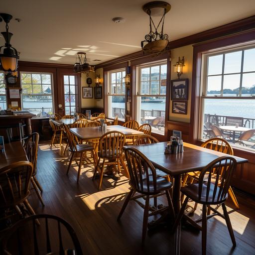 a 25x30 waterfront tavern with a picture window on the south wall overlooking the harbor, a beautiful classic L shaped mahogany bar in the northeast corner, a pass through opening to the kitchen on the north wall, a banquetter with 3 rectangular tables on the southeast corner, and 10 candlelit square mahogany tables on the black floor, plus a tin ceiling.
