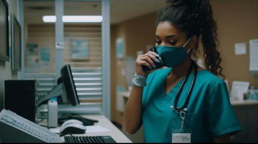 a 26 year old dominican woman in teal scrubs and a white mask and tan crocs answers the office phone at the front desk of a medical office. 4k --ar 16:9 --stylize 1000 --q 2 --v 5