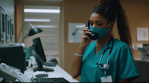 a 26 year old dominican woman in teal scrubs and a white mask and tan crocs answers the office phone at the front desk of a medical office. 4k --ar 16:9 --stylize 1000 --q 2 --v 5