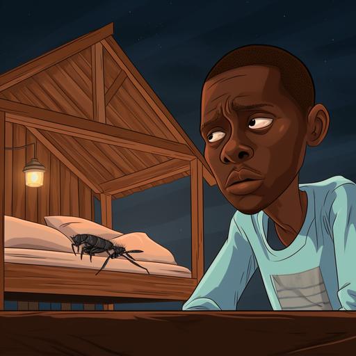 a 2d animation cartoon of a mosquito preventing a young african man from sleeping