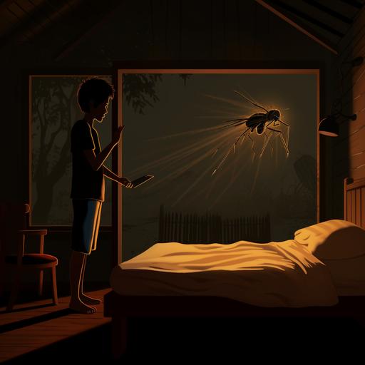 a 2d animation cartoon of a mosquito preventing a young man from sleeping