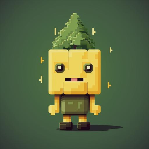 a 2d rpg styled, forest character, pine tree body, pixel art style head, yellow pixel eyes, cartoon, friendly