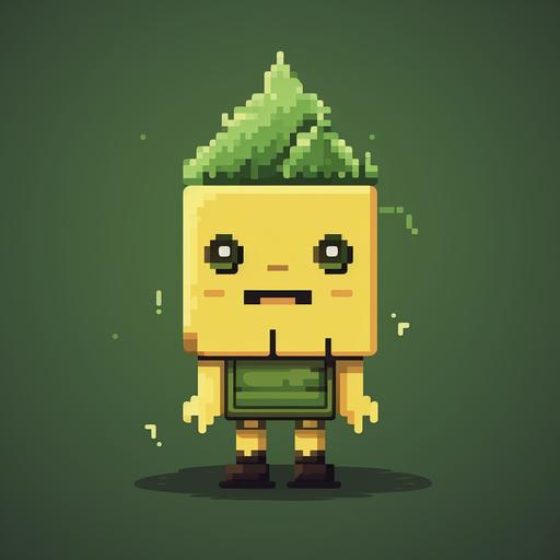 a 2d rpg styled, forest character, pine tree body, pixel art style head, yellow pixel eyes, cartoon, friendly
