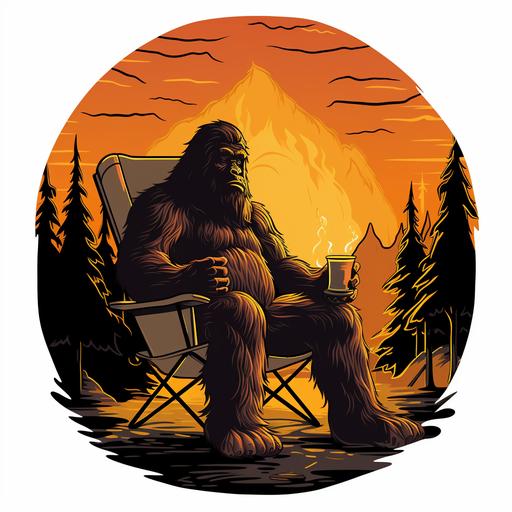 a 3 color cartoon logo of bigfoot relaxing in a lawn chair next to a camp fire.