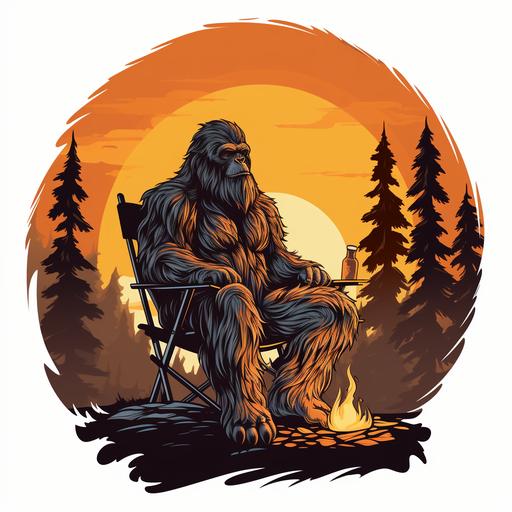 a 3 color cartoon logo of bigfoot relaxing in a lawn chair next to a camp fire.