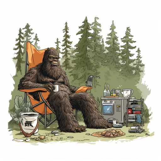 a 3 color cartoon of bigfoot relaxing in an easy chair outside a camper in the woods