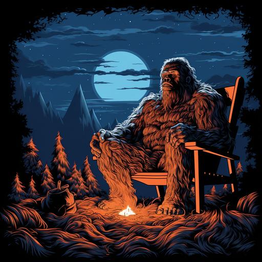 a 3 color cartoon of bigfoot relaxing next to the camp fire in his easy chair at night, under the stars