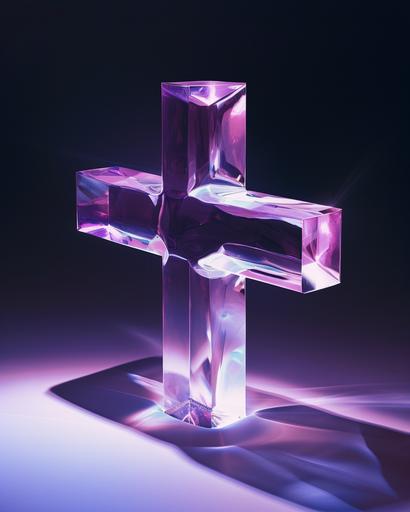a 3 dimensional plus sign made out of clear glass, dark purple background, dramatic lighting, deep shadows --v 6.0 --ar 4:5
