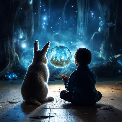 a 3-year old boy and a rabbit, seen from behind, sitting in a rabbit hole, looking at a blue crystal ball