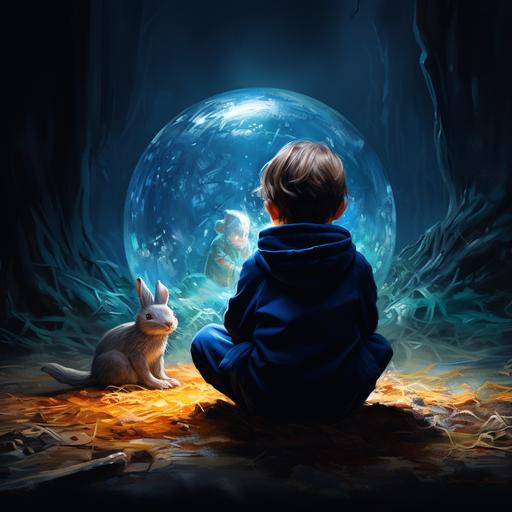 a 3-year old boy and a rabbit, seen from behind, sitting in a rabbit hole, looking at a blue crystal ball