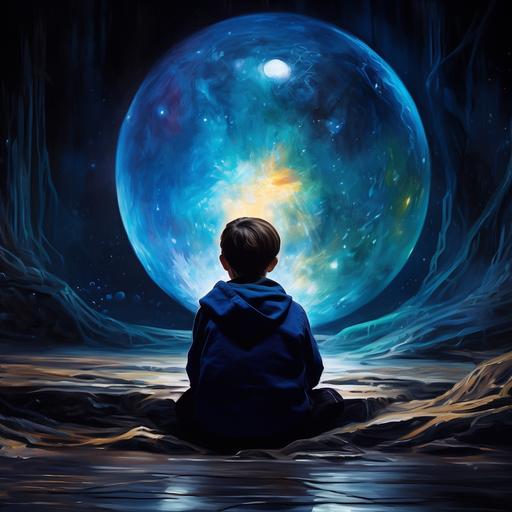 a 3-year old boy, seen from behind, sitting in a rabbit hole, looking at a blue crystal ball