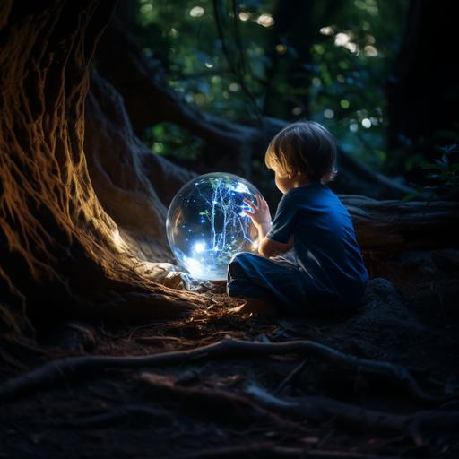 a 3-year old boy, seen from behind, sitting under the roots of a tree, looking at a blue crystal ball