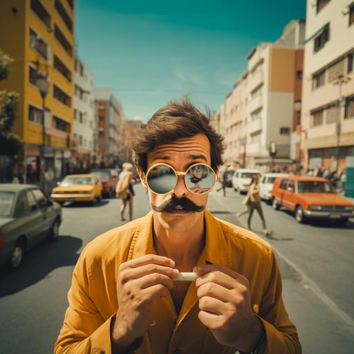 a 30 years old guy, with mustache and wearing a gold yellow tshirt looking as he is in 1970 is using a magnifying glass to see the details of a big city. Use wide angle, grainy photo style, 1970s era and a day light mode. Use olive green collor only in the details