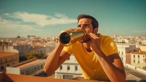 a 30 years old guy, with mustache and wearing a gold yellow tshirt looking as he is in 1970 is using a telescope to see the details of a big city. Use wide angle, grainy photo style, 1970s era and a day light mode. Use olive green collor only in the details --ar 16:9