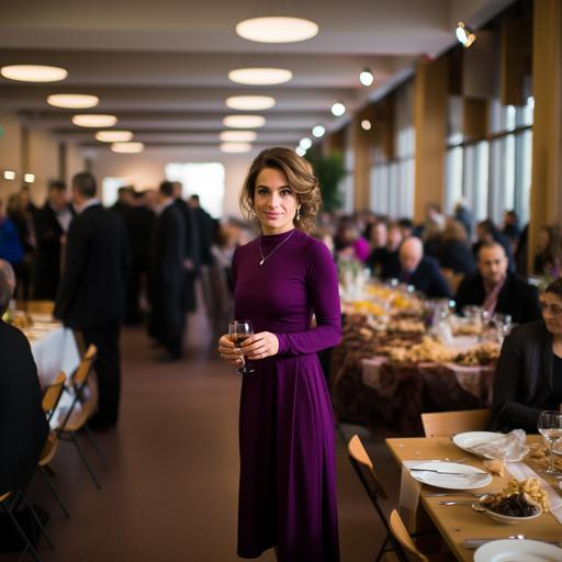 a 30 years old woman from Spain dressed in a knee-length, long-sleeved woolen purple dress for a Parish Fundraising Dinner at 2 pm in January taken with a Nikon D5