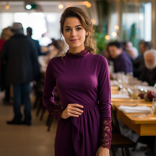 a 30 years old woman from Spain dressed in a knee-length, long-sleeved woolen purple dress for a Parish Fundraising Dinner at 2 pm in January taken with a Nikon D5