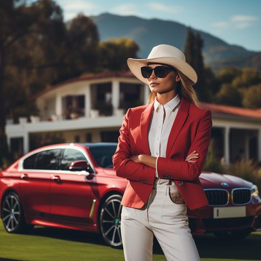 a 35 years old woman with sunglasses and channel bag in a red high hills and red hat wears white suit and luxury watches with high tech house with beautiful lawn and shurbs background getting out of red bmw car