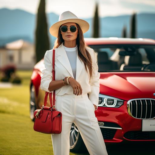 a 35 years old woman with sunglasses and channel bag in a red high hills and red hat wears white suit and luxury watches with high tech house with beautiful lawn and shurbs background getting out of red bmw car