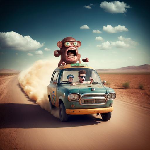 a 35mm high quality photo of a monkey driving a car while running away from a evil giant sausage