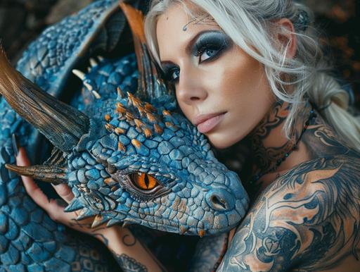 a 35mm photography of a norse tattooed beautiful sensual blond woman hugs a norse blue dragon with yellow eyes, from the side view with a wide angle lens --style raw --s 150 --ar 4:3 --v 6.0
