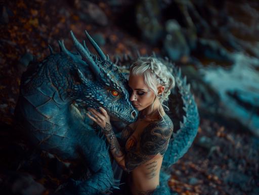 a 35mm photography of a norse tattooed beautiful sensual blond woman hugs a norse blue dragon with yellow eyes, from the side view with a wide angle lens. They are facing each other. A symmetrical composition. --style raw --s 150 --v 6.0 --ar 4:3