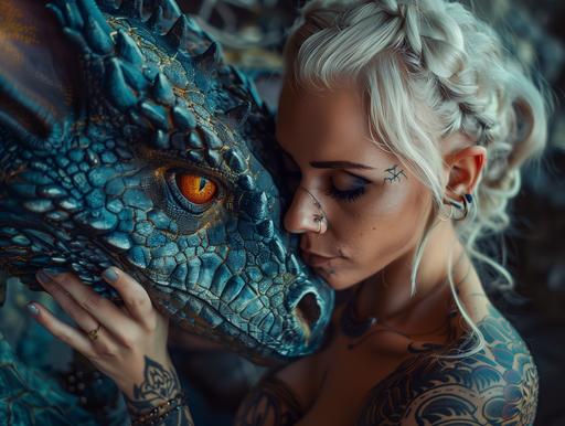a 35mm photography of a norse tattooed beautiful sensual blond woman hugs a norse blue dragon with yellow eyes, from the side view with a wide angle lens. They are facing each other. A symmetrical composition. --style raw --s 150 --ar 4:3 --v 6.0