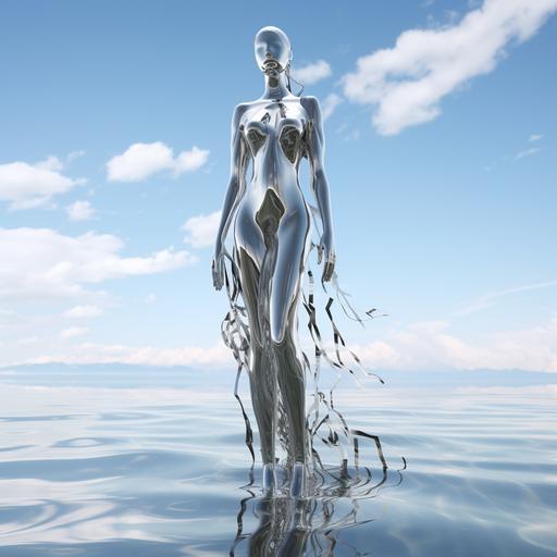 a 3D silver metalic skin female mannequin standing in water --style raw