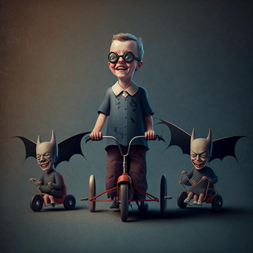 a 3d boy with no teeth in a tricycle walking with two other children to the school with bats ready for practice