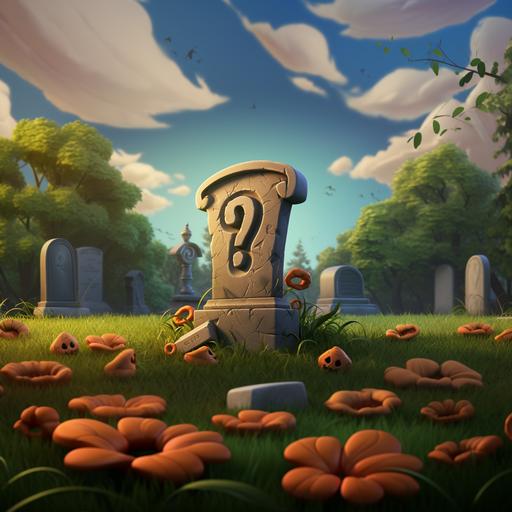 a 3d cartoon style gravestone with question mark on it. With a zombie hand sticking out of the ground.