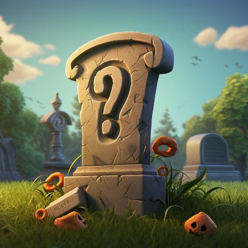 a 3d cartoon style gravestone with question mark on it. With a zombie hand sticking out of the ground.