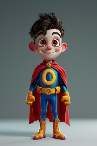 a 3d cartoon superhero boy named Omnikid, there is a visible letter yellow 