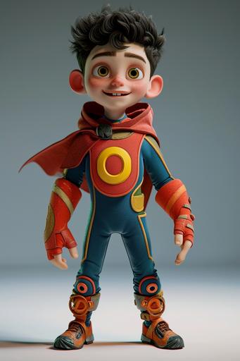 a 3d cartoon superhero boy named Omnikid, there is a visible letter yellow 