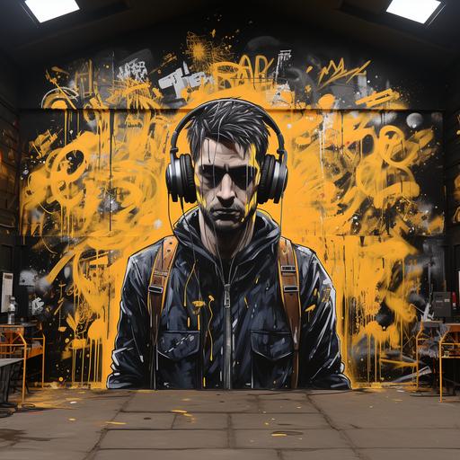 a 3d graffiti dj facing crowd with black and gold headphones on --s 750