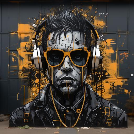 a 3d graffiti dj facing crowd with black and gold headphones on --s 750