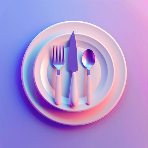 a 3d icon of a dinner plate with a knife and fork, with a lavender and magenta background
