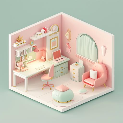 a 3d isometric white room with pastel colors and furniture, in the style of light pink and light emerald, studyplace, unicorncore --v 6.0