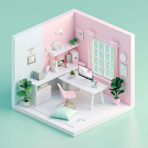 a 3d isometric white room with pastel colors and furniture, in the style of light pink and light emerald, studyplace, unicorncore --v 6.0